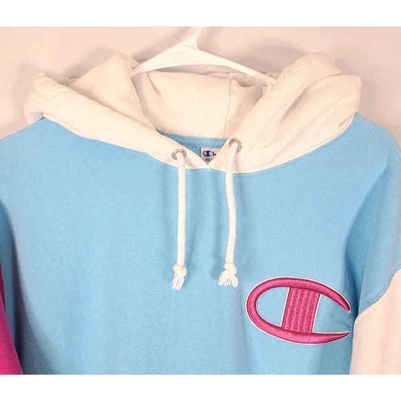 Champion Men Reverse Weave Color Block Hoodie MED Pink Blue White Bold Spell Out - Picture 6 of 12